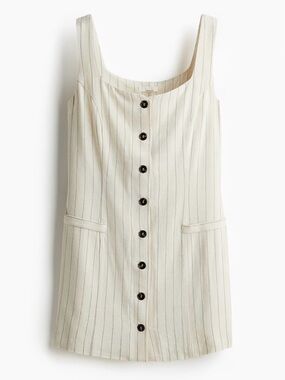 NWT H&M SLEEVELESS LINEN-BLEND DRESS Light beige/pinstriped Small